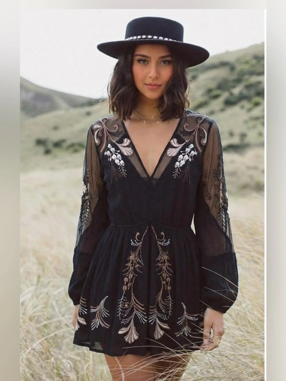 Free People Black Embroidered V-Neck Long-Sleeve Dress